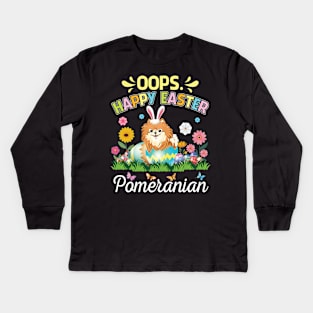 Pomeranian Dog Bunny Costume Play Flower Eggs Happy Easter Kids Long Sleeve T-Shirt